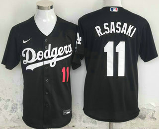 Men's Los Angeles Dodgers #11 Roki Sasaki Number Black Cool Base Stitched Jersey