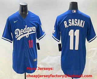 Men's Los Angeles Dodgers #11 Roki Sasaki Number Blue Cool Base Stitched Jersey