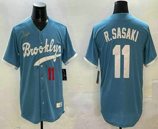 Men's Los Angeles Dodgers #11 Roki Sasaki Number Light Blue Cooperstown Collection Cool Base Jersey