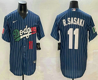 Men's Los Angeles Dodgers #11 Roki Sasaki Number Mexico Blue Pinstripe Cool Base Stitched Jersey