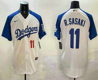 Men's Los Angeles Dodgers #11 Roki Sasaki Number White Blue Fashion Stitched Cool Base Limited Jersey