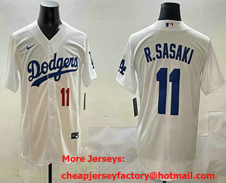 Men's Los Angeles Dodgers #11 Roki Sasaki Number White Cool Base Stitched Jersey