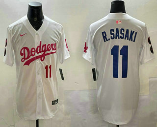 Men's Los Angeles Dodgers #11 Roki Sasaki Number White Pink With Patch Limited Stitched Jersey