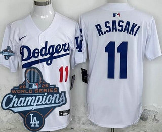 Men's Los Angeles Dodgers #11 Roki Sasaki White 2025 World Series Champions Limited Jersey