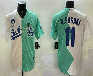 Men's Los Angeles Dodgers #11 Roki Sasaki White Green Two Tone Celebrity Softball Game Jersey