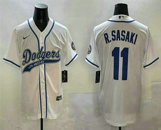 Men's Los Angeles Dodgers #11 Roki Sasaki White With Patch Cool Base Stitched Baseball Jersey