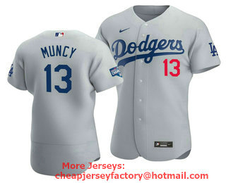 Men's Los Angeles Dodgers #13 Max Muncy 2020 Grey World Series Champions Patch Flex Base Sttiched Jersey