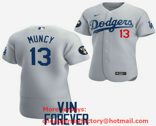 Men's Los Angeles Dodgers #13 Max Muncy 2022 Grey Vin Scully Patch Flex Base Stitched Baseball Jersey