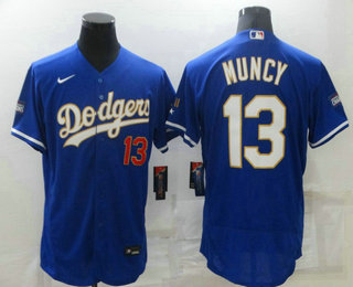 Men's Los Angeles Dodgers #13 Max Muncy Blue Gold Champions Patch Stitched MLB Flex Base Nike Jersey