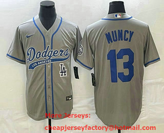 Men's Los Angeles Dodgers #13 Max Muncy Grey With Patch Cool Base Stitched Baseball Jersey 01