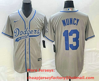 Men's Los Angeles Dodgers #13 Max Muncy Grey With Patch Cool Base Stitched Baseball Jersey 02