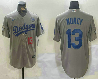 Men's Los Angeles Dodgers #13 Max Muncy Number Grey 2024 World Series Fashion Cool Stitched Jersey