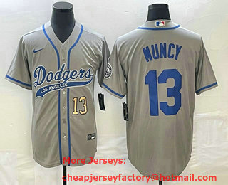 Men's Los Angeles Dodgers #13 Max Muncy Number Grey With Patch Cool Base Stitched Baseball Jersey 01