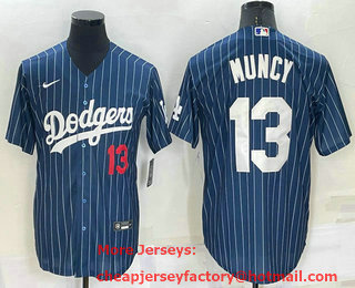 Men's Los Angeles Dodgers #13 Max Muncy Number Red Navy Blue Pinstripe Stitched MLB Cool Base Nike Jersey