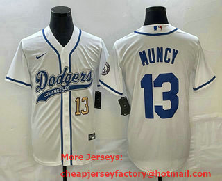 Men's Los Angeles Dodgers #13 Max Muncy Number White With Patch Cool Base Stitched Baseball Jersey 01