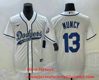 Men's Los Angeles Dodgers #13 Max Muncy White With Patch Cool Base Stitched Baseball Jersey 01