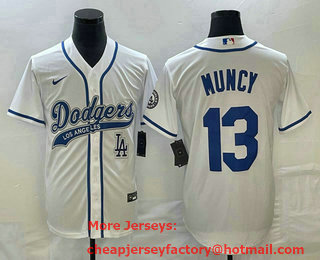 Men's Los Angeles Dodgers #13 Max Muncy White With Patch Cool Base Stitched Baseball Jersey 02