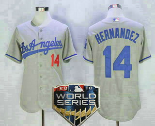 Men's Los Angeles Dodgers #14 Enrique Hernandez Gray Road 2018 World Series Patch Stitched MLB Majestic Flex Base Jersey