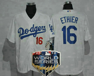 Men's Los Angeles Dodgers #16 Andre Ethier White Home 2018 World Series Patch Stitched MLB Majestic Flex Base Jersey
