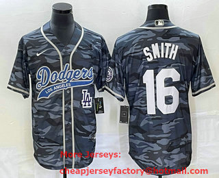 Men's Los Angeles Dodgers #16 Will Smith Gray Camo Cool Base With Patch Stitched Baseball Jersey 02
