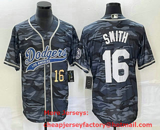 Men's Los Angeles Dodgers #16 Will Smith Number Gray Camo Cool Base With Patch Stitched Baseball Jersey 01
