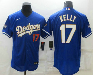Men's Los Angeles Dodgers #17 Joe Kelly Blue Gold Champions Patch Stitched MLB Flex Base Nike Jersey