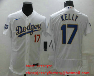 Men's Los Angeles Dodgers #17 Joe Kelly White Gold Champions Patch Stitched MLB Flex Base Nike Jersey