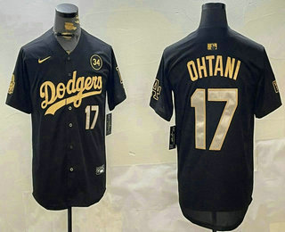 Men's Los Angeles Dodgers #17 Shohei Ohtani Black Gold 2024 World Series 34 Patch Stitched Cool Base Jersey