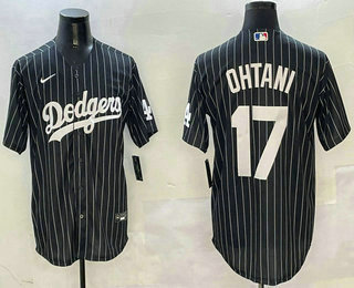 Men's Los Angeles Dodgers #17 Shohei Ohtani Black Pinstripe Cool Base Stitched Jersey