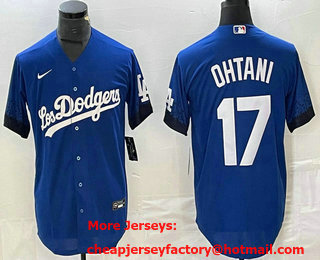 Men's Los Angeles Dodgers #17 Shohei Ohtani Blue 2021 City Connect Cool Base Stitched Jersey