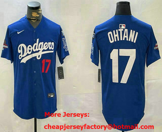 Men's Los Angeles Dodgers #17 Shohei Ohtani Blue 2024 World Series Champions Fernando 34 Patch Limited Fashion Jersey