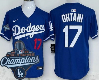 Men's Los Angeles Dodgers #17 Shohei Ohtani Blue 2025 World Series Champions Limited Jersey