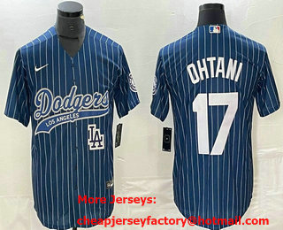 Men's Los Angeles Dodgers #17 Shohei Ohtani Blue Pinstripe Cool Base Stitched Baseball Jersey 02