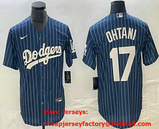 Men's Los Angeles Dodgers #17 Shohei Ohtani Blue Pinstripe Cool Base Stitched Baseball Jersey 11