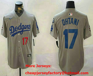 Men's Los Angeles Dodgers #17 Shohei Ohtani Grey 2024 World Series Champions Fernando 34 Patch Limited Fashion Jersey