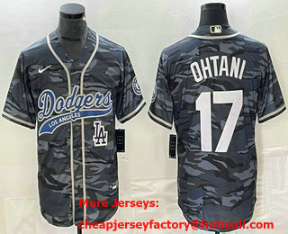 Men's Los Angeles Dodgers #17 Shohei Ohtani Grey Camo Cool Base With Patch Stitched Baseball Jersey 02