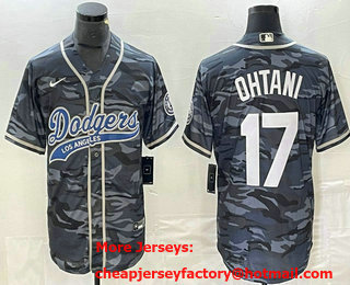 Men's Los Angeles Dodgers #17 Shohei Ohtani Grey Camo Cool Base With Patch Stitched Baseball Jersey