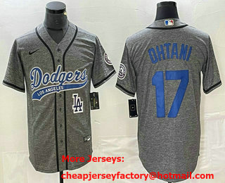 Men's Los Angeles Dodgers #17 Shohei Ohtani Grey Gridiron Cool Base Stitched Baseball Jersey 02