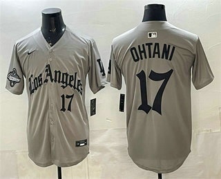 Men's Los Angeles Dodgers #17 Shohei Ohtani Grey LA Gothic Style 2025 World Series Champions Patch Limited Jersey