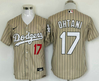 Men's Los Angeles Dodgers #17 Shohei Ohtani Khaki Stripes Cool Base Jersey