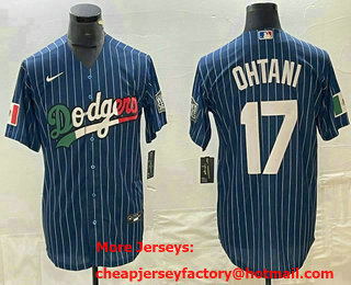 Men's Los Angeles Dodgers #17 Shohei Ohtani Navy Blue Pinstripe Mexico 2020 World Series Cool Base Nike Jersey 01