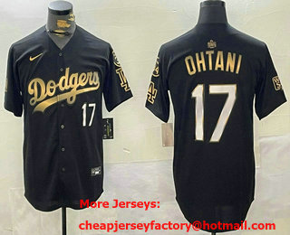 Men's Los Angeles Dodgers #17 Shohei Ohtani Number Black Gold 2024 World Series 34 Patch Limited Stitched Jersey
