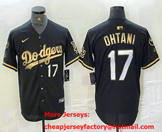 Men's Los Angeles Dodgers #17 Shohei Ohtani Number Black Gold Fashion Stitched Cool Base Limited Jersey 101
