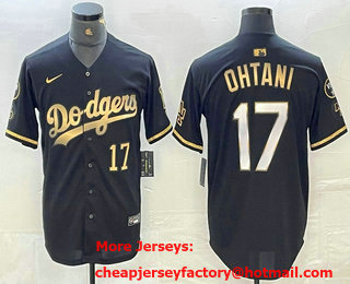 Men's Los Angeles Dodgers #17 Shohei Ohtani Number Black Gold Stitched Cool Base Nike Jersey 13