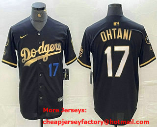 Men's Los Angeles Dodgers #17 Shohei Ohtani Number Black Gold Stitched Cool Base Nike Jersey 14