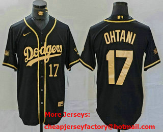 Men's Los Angeles Dodgers #17 Shohei Ohtani Number Black Gold World Series Champions Cool Base Stitched Jersey