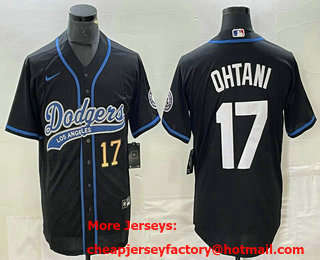 Men's Los Angeles Dodgers #17 Shohei Ohtani Number Black With Patch Cool Base Stitched Baseball Jersey