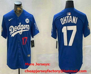 Men's Los Angeles Dodgers #17 Shohei Ohtani Number Blue 2024 World Series With Fernando 34 Patch Limited Stitched Jersey
