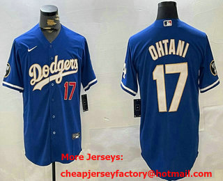 Men's Los Angeles Dodgers #17 Shohei Ohtani Number Blue Gold Fashion Baseball Jersey