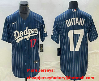 Men's Los Angeles Dodgers #17 Shohei Ohtani Number Blue Pinstripe Cool Base Stitched Baseball Jersey 11